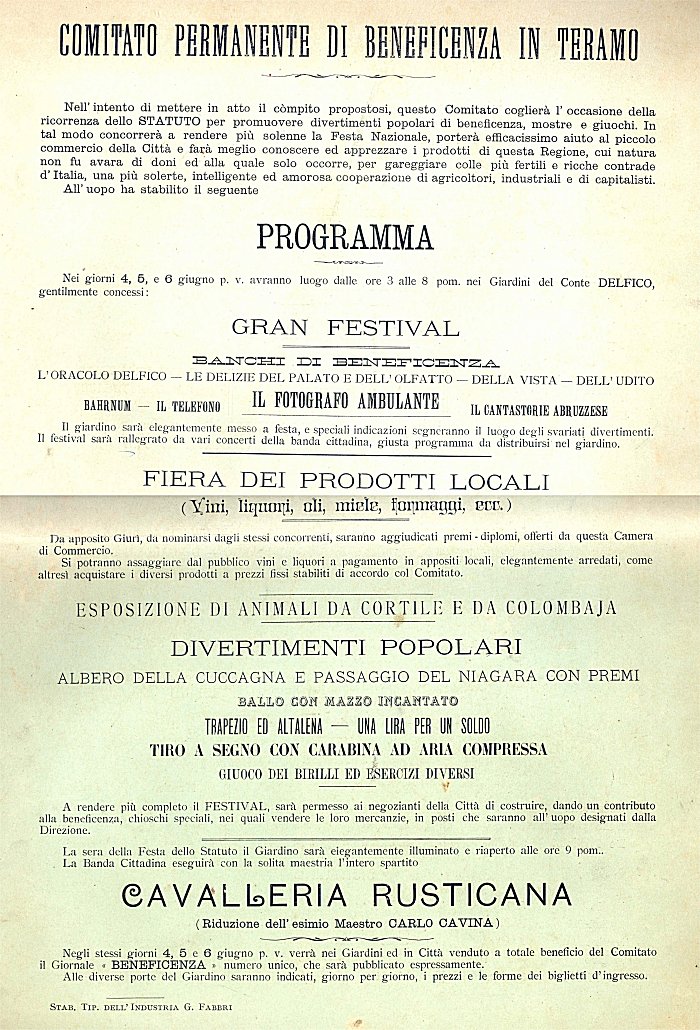 Programma delle feste di beneficenza svoltesi nel giugno del 1892 all'interno dei giardini Delfico