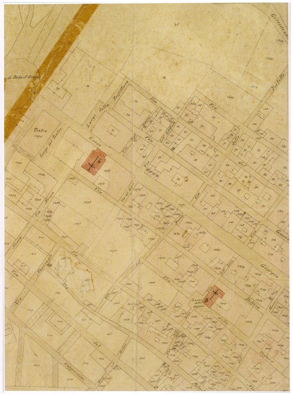 Planimetria catastale del 1875 (Parte relativa ai dintorni del palazzo e dei giardini Dèlfico)