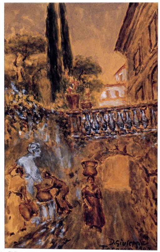 Salvatore Di Giuseppe (1852 - 1930), Via del Burro, con la "Fontana delle Piccine", il palazzo, i giardini Dèlfico e i cavalcavia (1907)