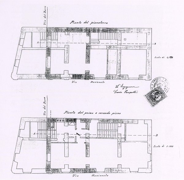 Sistemazione di Via del Burro (1913). Taglio dello stabile dei Conti Dèlfico in Via Nazionale (attuale Via D'Annunzio)