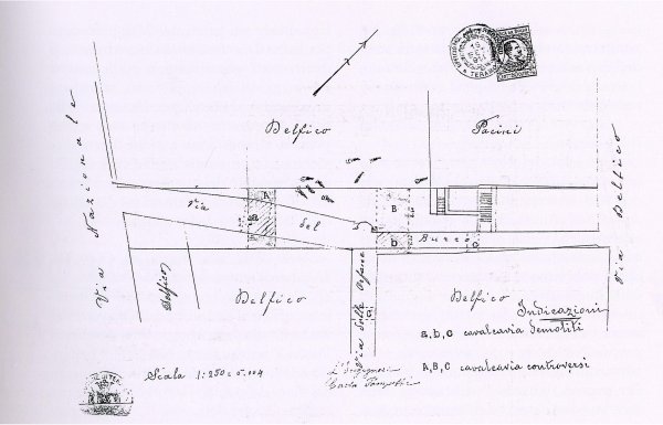 Sistemazione di Via del Burro (1914). Pianta con indicazioni cavalcavia demoliti e controversi