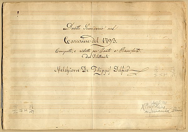 "Duetto Semiserio nel Carceriere del 1793. Composto, e ridotto per Canto e Pianoforte dal Dilettante Melchiorre De Filippis Delfico", Pag. 1