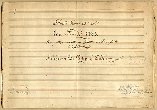 "Duetto Semiserio nel Carceriere del 1793. Composto, e ridotto per Canto e Pianoforte dal Dilettante Melchiorre De Filippis Delfico", Pag. 1