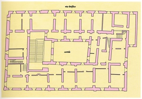 Palazzo Dèlfico: stato di fatto al 1940. Pianta del primo piano (ricostruzione)