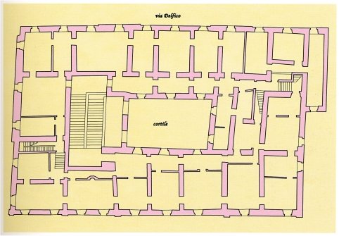 Palazzo Dlfico: stato di fatto al 1940. Pianta del primo piano (ricostruzione)