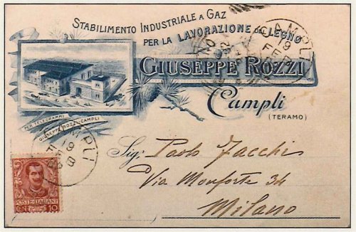 Cartolina viaggiata raffigurante lo stabilimento industriale Rozzi (segheria) della seconda metà dell'Ottocento