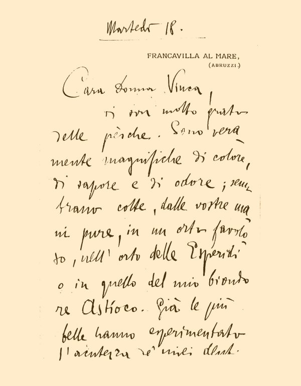 Lettera di Gabriele D'Annunzio a Vinca (18 settembre 1888) pag.1