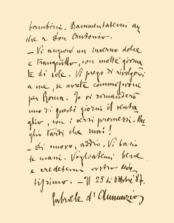 Lettera di Gabriele D'Annunzio a Vinca (25 ottobre 1887) pag.2