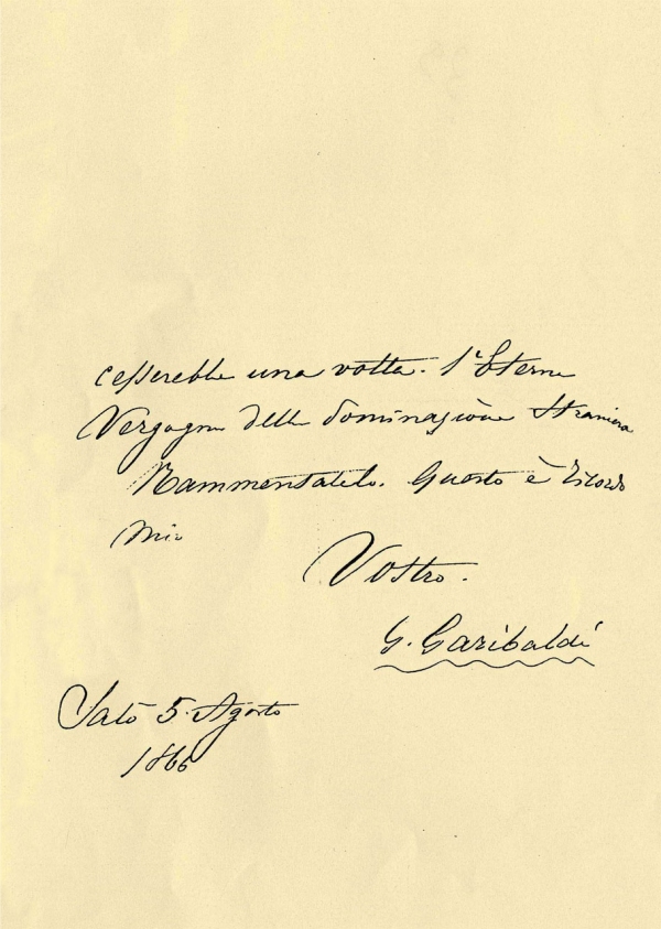 Lettera di Giuseppe Garibaldi ad Aurora De Filippis Delfico