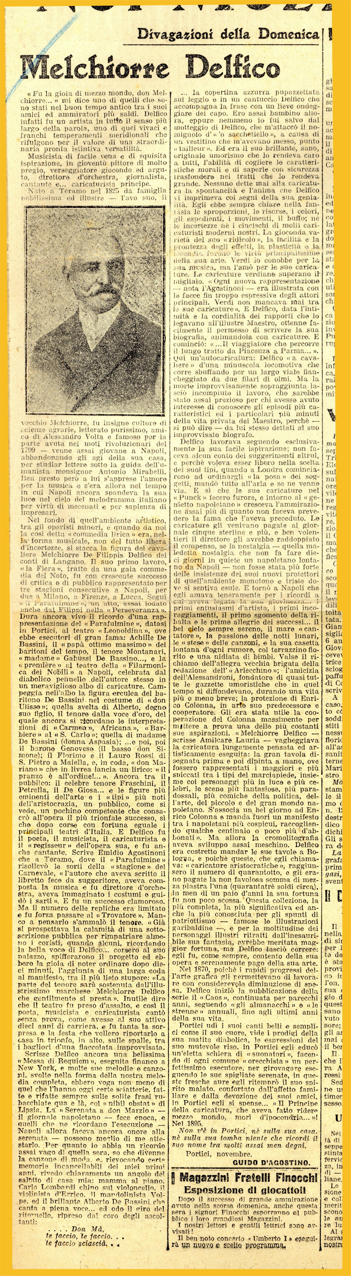 Melchiorre Delfico, in "Il Giornale d'Italia", rubrica "Divagazioni della Domenica", Domenica 21 Dicembre 1913