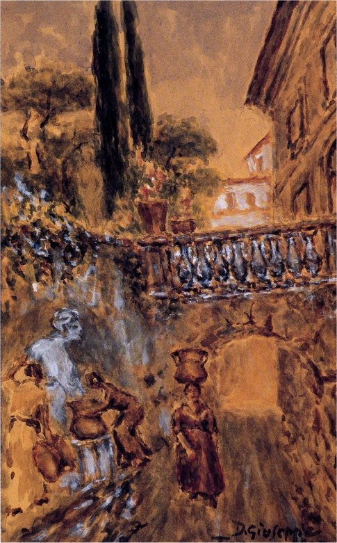 Salvatore Di Giuseppe (1852-1930), Via del Burro, con la "Fontana delle Piccine", il palazzo, i giardini Delfico e i cavalcavia (1907). DA "Teramo com'era, Roma, Editalia, 1996, p.243