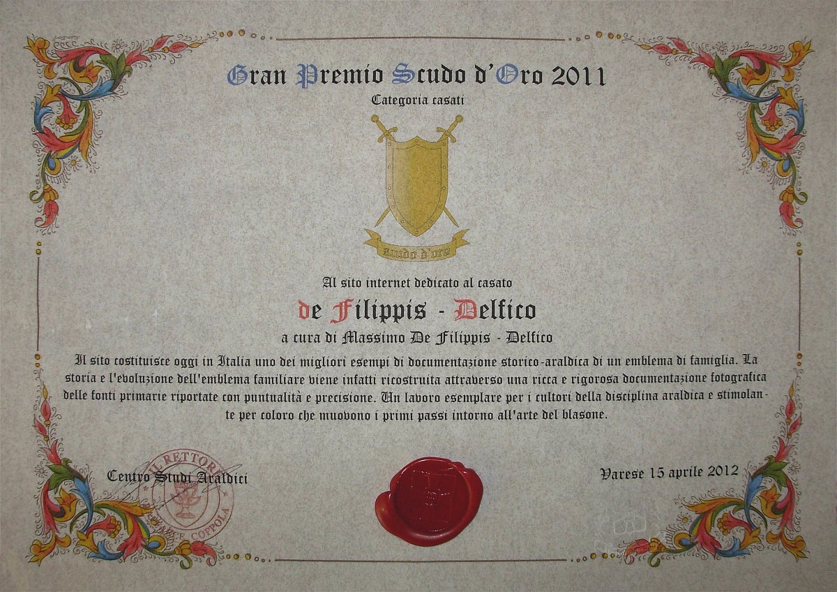 La pergamena per il Gran Premio Scudo d'Oro edizione 2011 attribuito al sito www.defilippis-delfico.it