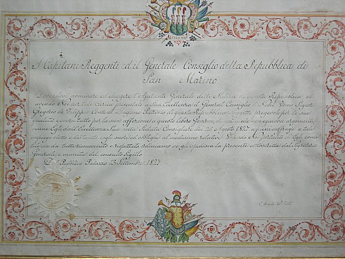 Nomina di Gregorio De Filippis Delfico, ad Aiutante generale delle Milizie della Repubblica di San Marino