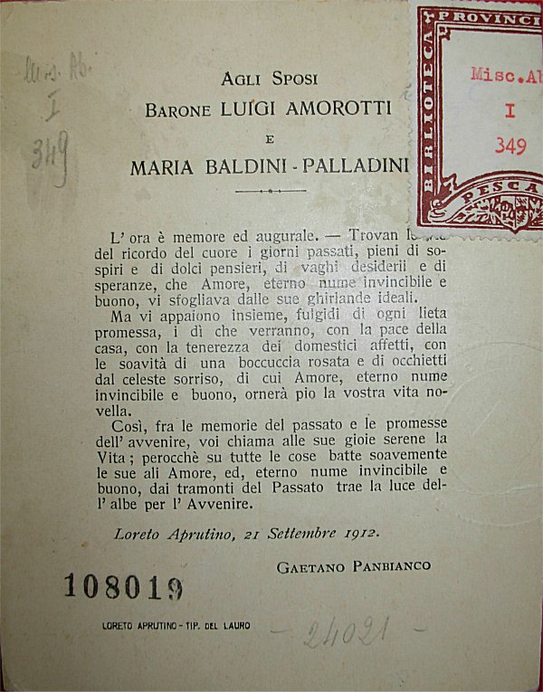 Agli sposi Barone Luigi Amorotti e Maria Baldini Palladini