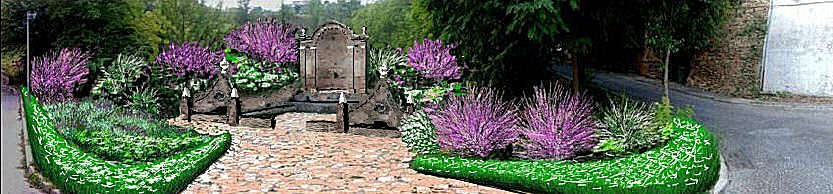 Nel disegno sopra l'area della Fonte Grande  trasformata in un giardino. Il monumento, ricostruito integralmente,  circondato da una cornice verde e fiorita che ne valorizza maggiormente i volumi donandogli eleganza e fascino