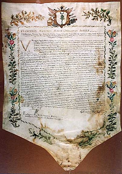 Laurea in utroque iure di Melchiorre Delfico (1783). Archivio di Stato di Teramo, Fondo Delfico, pergamena n. 252