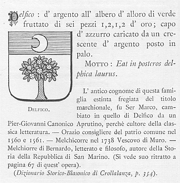 Blasonatura stemma Delfico tratta dall'opera "Dizionario bibliografico iconografico della Repubblica di San Marino"