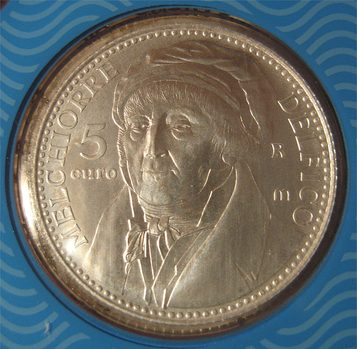 Lato anteriore della moneta da €5 in argento con effige di Melchiorre Delfico