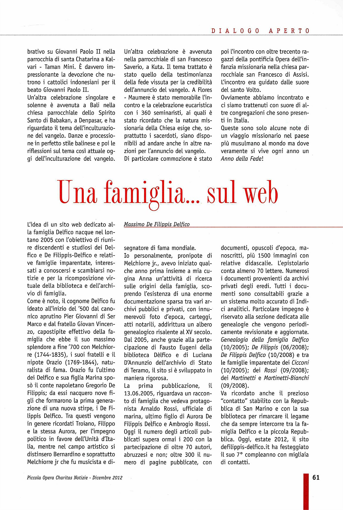 Piccola Opera Charitas, anno XII, n. 3, settembre-dicembre 2012
